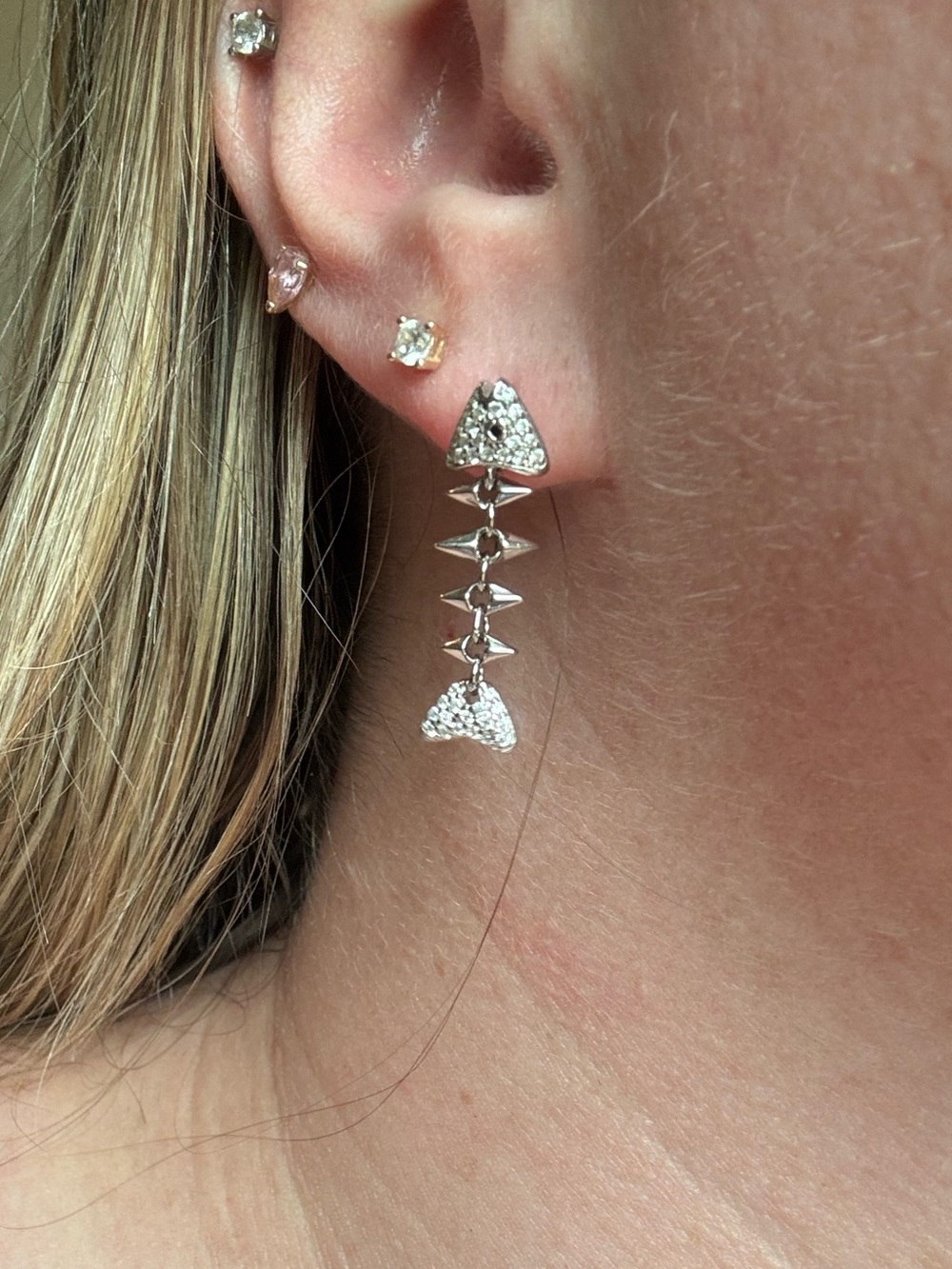 Y2K Sterling Silver Fishbone Drop Earrings Stamped 925 TG Pavé CZ Dangle